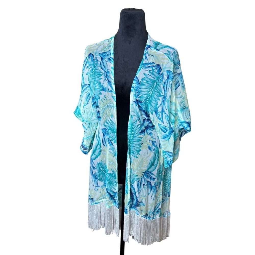 Saks Fifth Avenue Tropical Palm Leaf Fringe Kimono Wrap Turquoise One Size